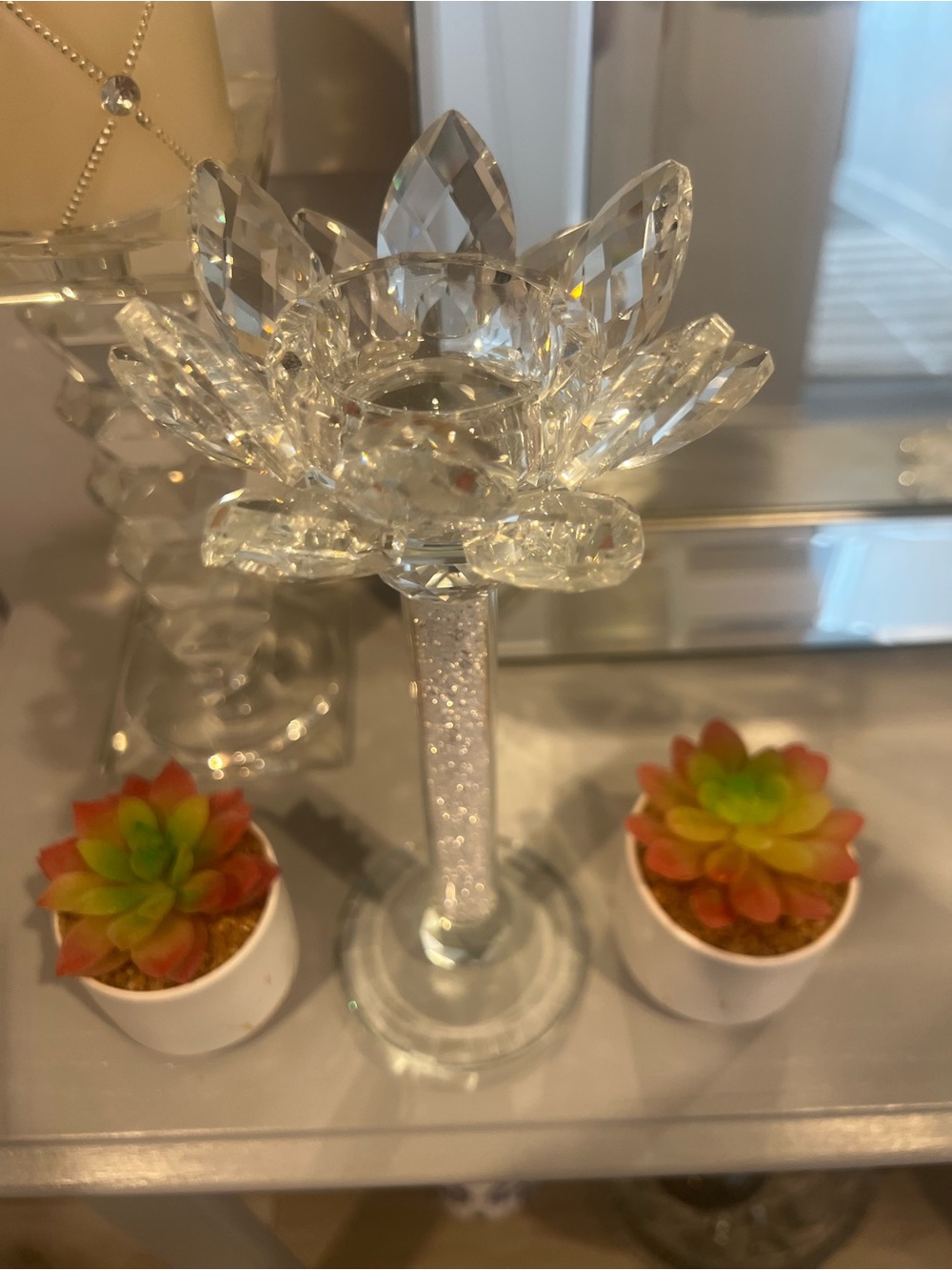 Artificial Succulent Pair in White Marble Pots - with glass crystal holder
